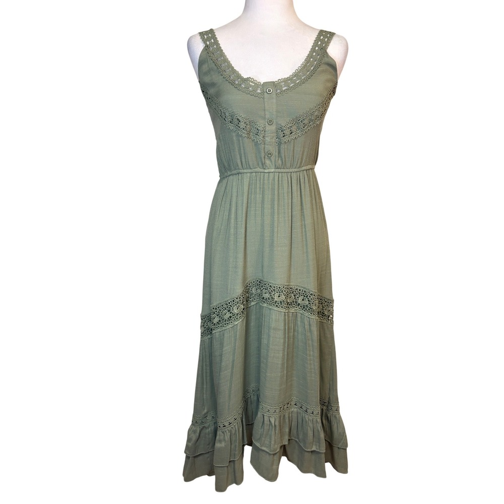 Rebellion Again Maxi Dress Womens M Sage Green Boho Crochet Lace Tiered Ruffle